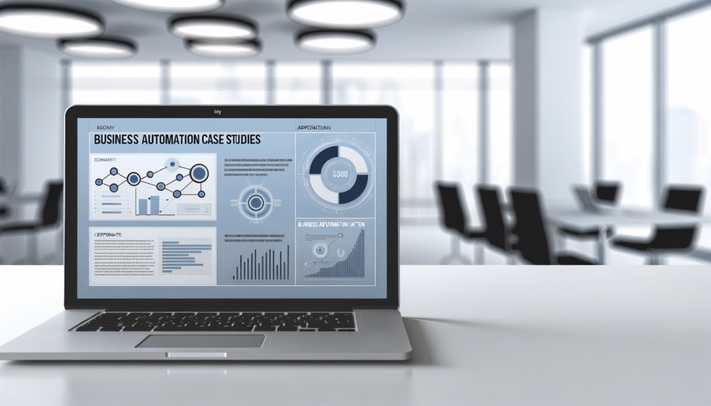 Business automation case studies dashboard showing ROI metrics and efficiency improvements